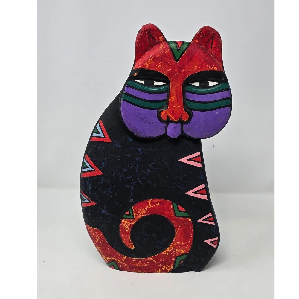 Vtg Laurel Burch carved wooden cat hand painted sculpture folk art decor